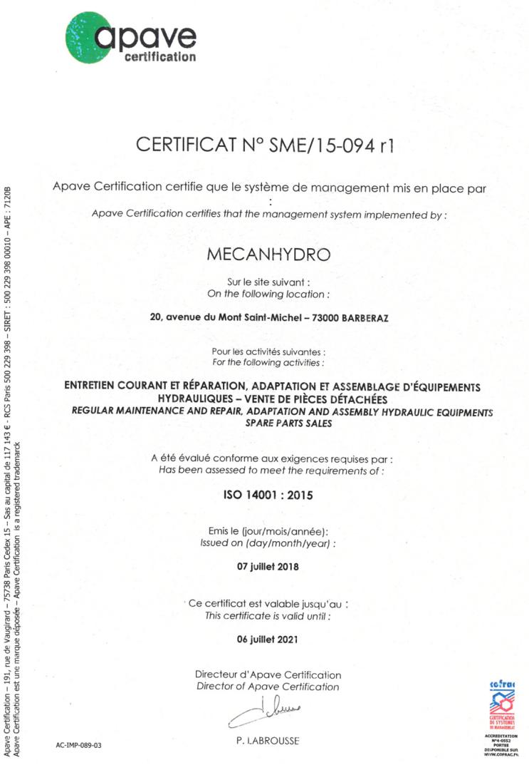 Certification ISO 14001 - Mecanhydro