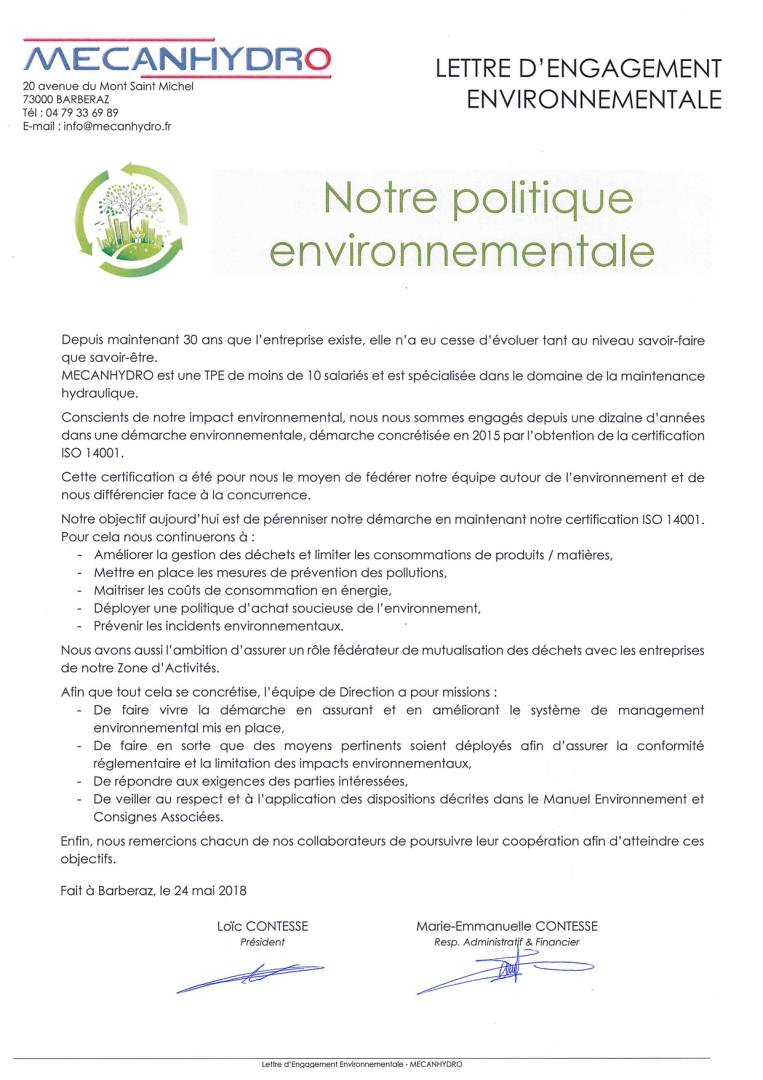 Politique environnementale - Mecanhydro